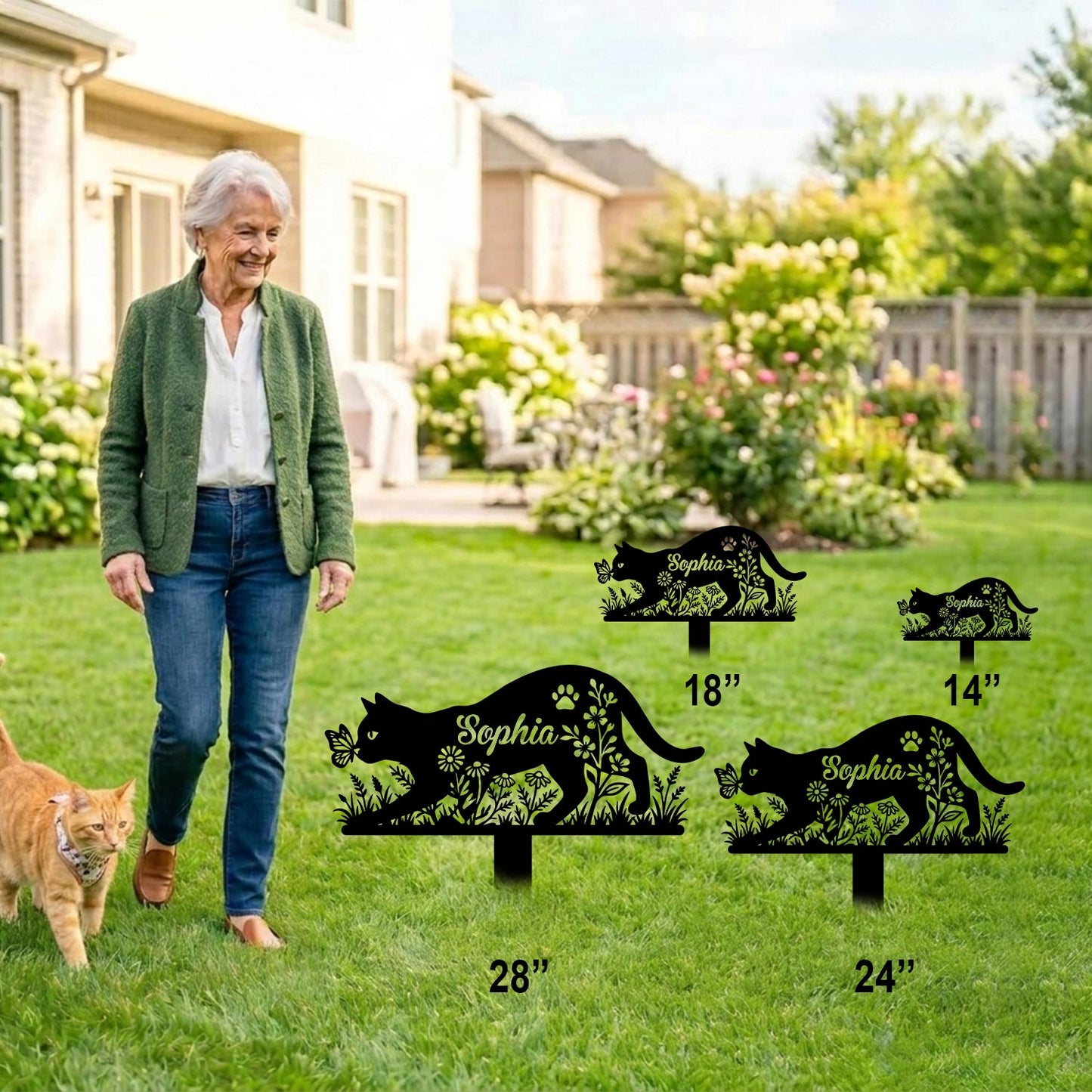 Custom Cat and Butterfly Metal Garden Stake-Personalized Cat Silhouette Yard Art-Made in USA 12"-28"