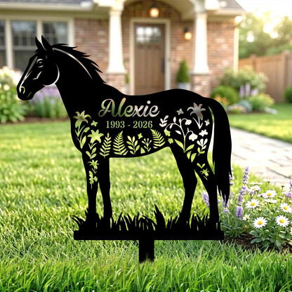 Personalized Floral Horse Garden Stake|Custom Name & Year Horse Metal Sign|Elegance Equestrian Art Made in USA
