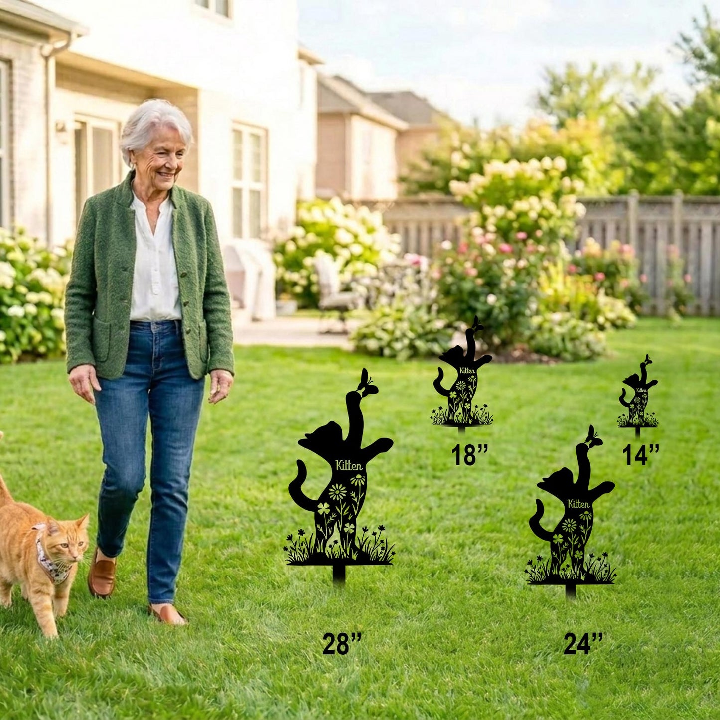 Personalized Playful Cat Metal Yard Stake-Custom Kitten Butterfly Garden Art-Heavy Duty Steel Made in USA