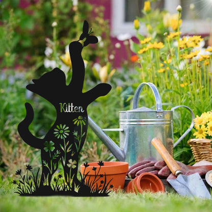 Personalized Playful Cat Metal Yard Stake-Custom Kitten Butterfly Garden Art-Heavy Duty Steel Made in USA