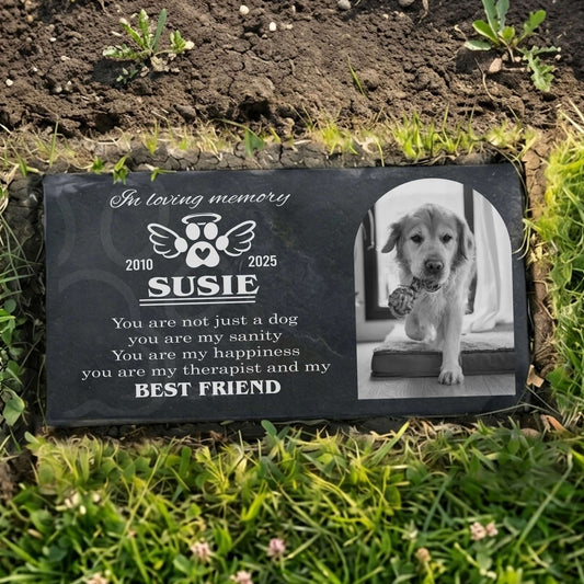 Granite pet grave marker with durable laser photo etching