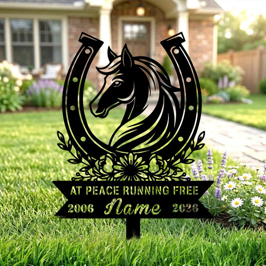 At Peace Running Free Horse Memorial Sign|Custom Metal Horseshoe Garden Stake|Horse Remembrance Plaque US Made
