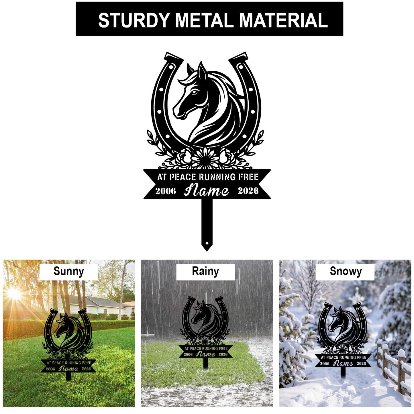 At Peace Running Free Horse Memorial Sign|Custom Metal Horseshoe Garden Stake|Horse Remembrance Plaque US Made