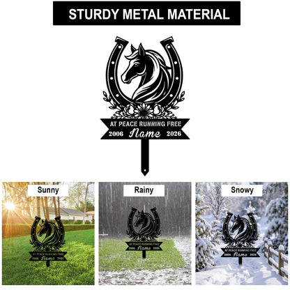 At Peace Running Free Horse Memorial Sign|Custom Metal Horseshoe Garden Stake|Horse Remembrance Plaque US Made