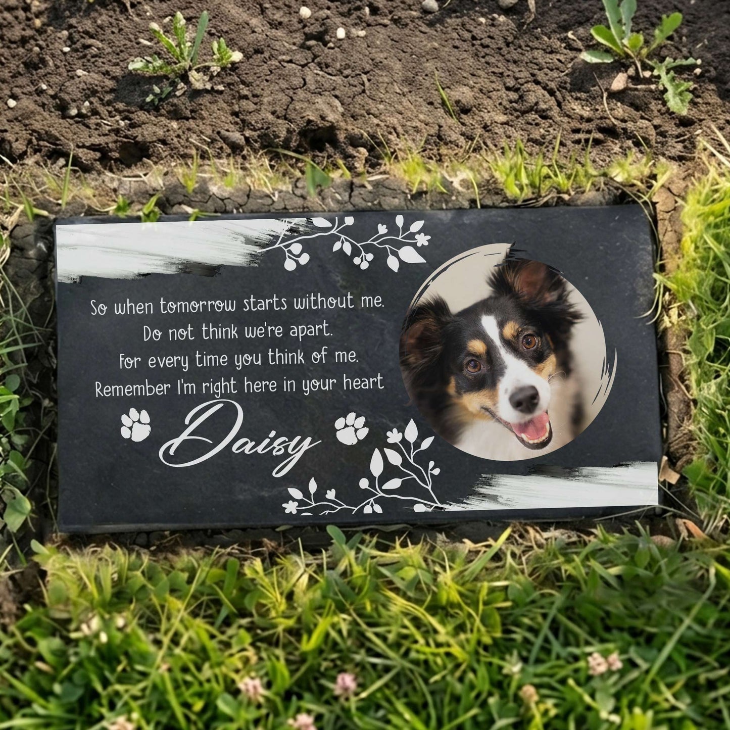 High-contrast laser printed pet photo on black granite plaque