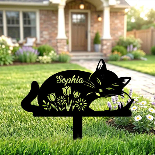 Personalized Sleeping Cat Metal Garden Stake|Custom Cat Name Sign Yard Art|Made in USA Metal Sign 12"-28"
