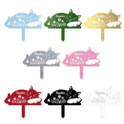 Personalized Sleeping Cat Metal Garden Stake|Custom Cat Name Sign Yard Art|Made in USA Metal Sign 12"-28"
