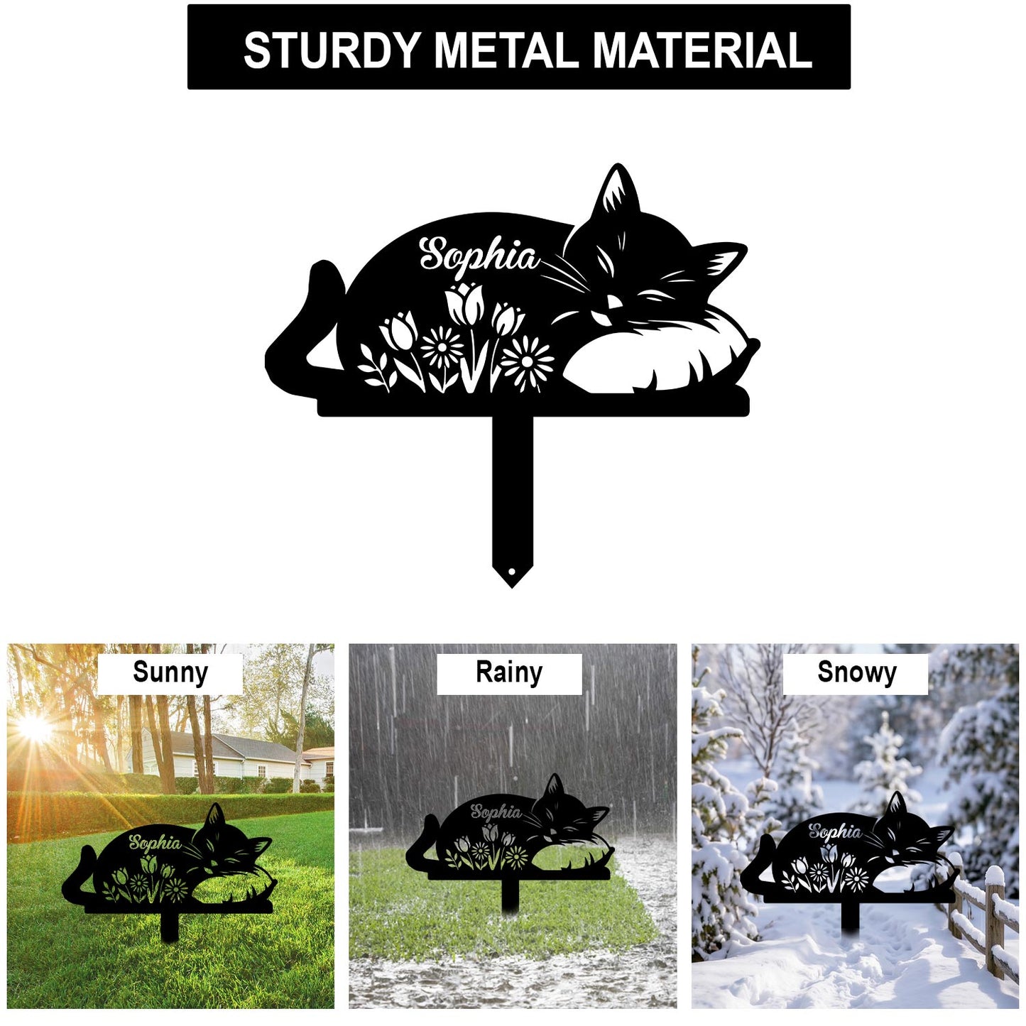 Personalized Sleeping Cat Metal Garden Stake|Custom Cat Name Sign Yard Art|Made in USA Metal Sign 12"-28"