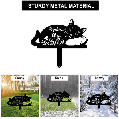 Personalized Sleeping Cat Metal Garden Stake|Custom Cat Name Sign Yard Art|Made in USA Metal Sign 12"-28"