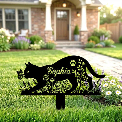 Custom Cat and Butterfly Metal Garden Stake-Personalized Cat Silhouette Yard Art-Made in USA 12"-28"
