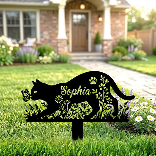 Custom Cat and Butterfly Metal Garden Stake-Personalized Cat Silhouette Yard Art-Made in USA 12"-28"