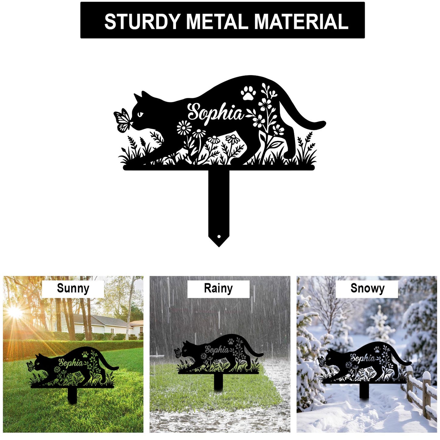 Custom Cat and Butterfly Metal Garden Stake-Personalized Cat Silhouette Yard Art-Made in USA 12"-28"