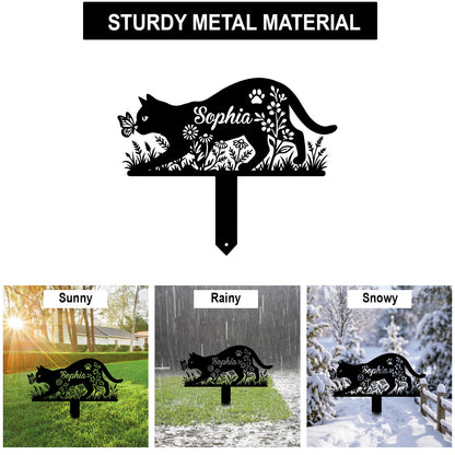 Custom Cat and Butterfly Metal Garden Stake-Personalized Cat Silhouette Yard Art-Made in USA 12"-28"