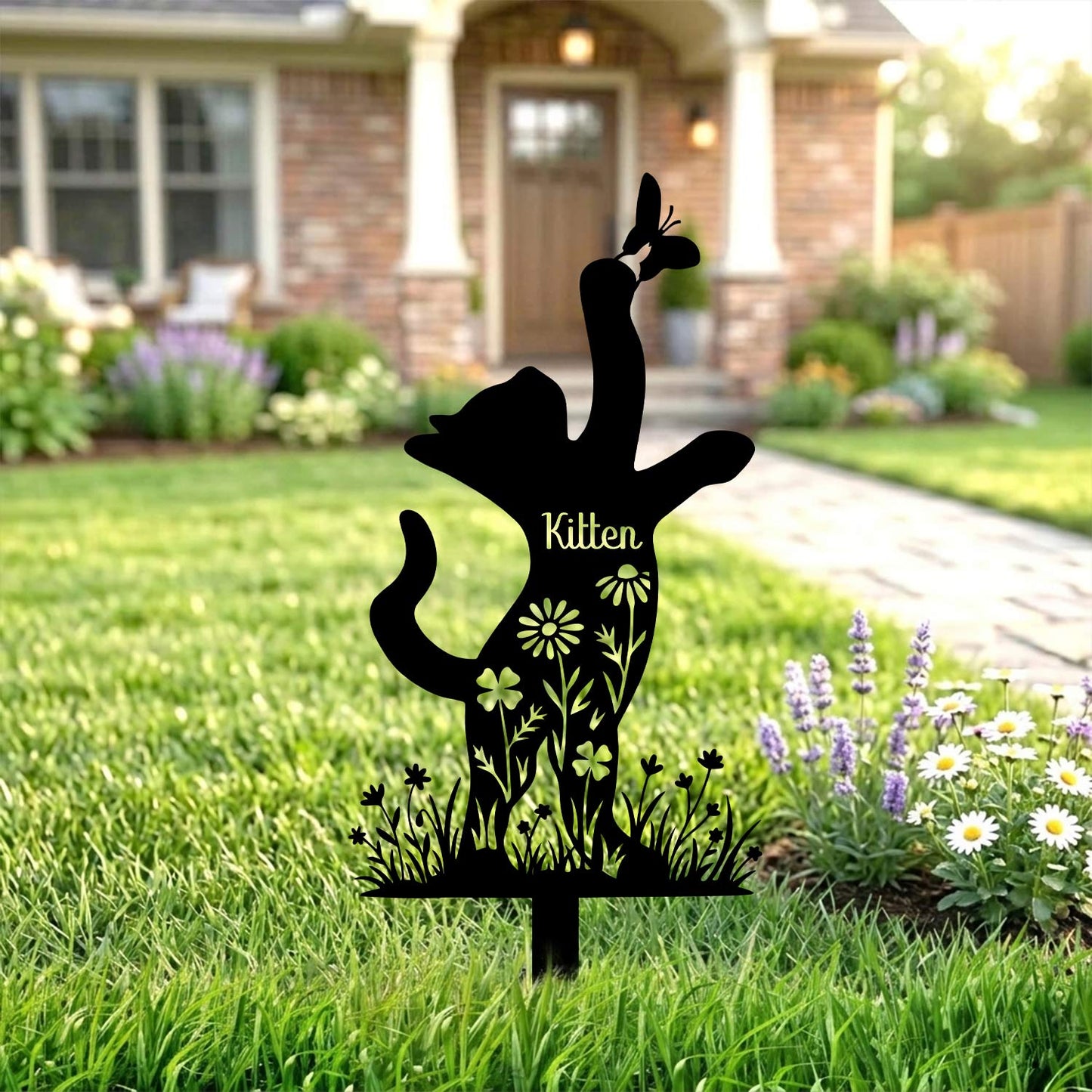 Personalized Playful Cat Metal Yard Stake-Custom Kitten Butterfly Garden Art-Heavy Duty Steel Made in USA