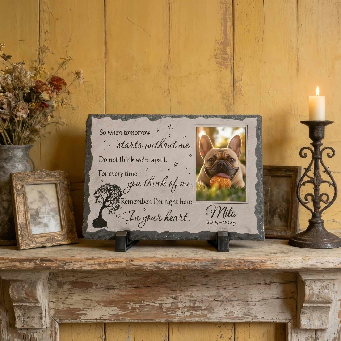 Heart-framed pet photo engraving on black granite memorial stone