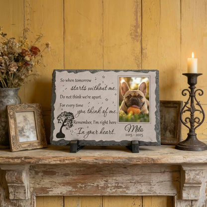 Heart-framed pet photo engraving on black granite memorial stone