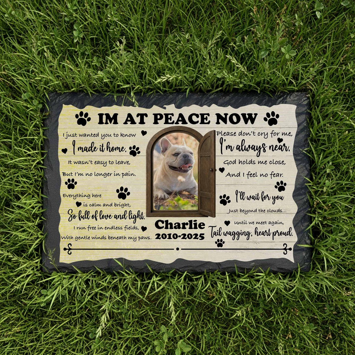 Customized granite pet grave plaque with personalized dates