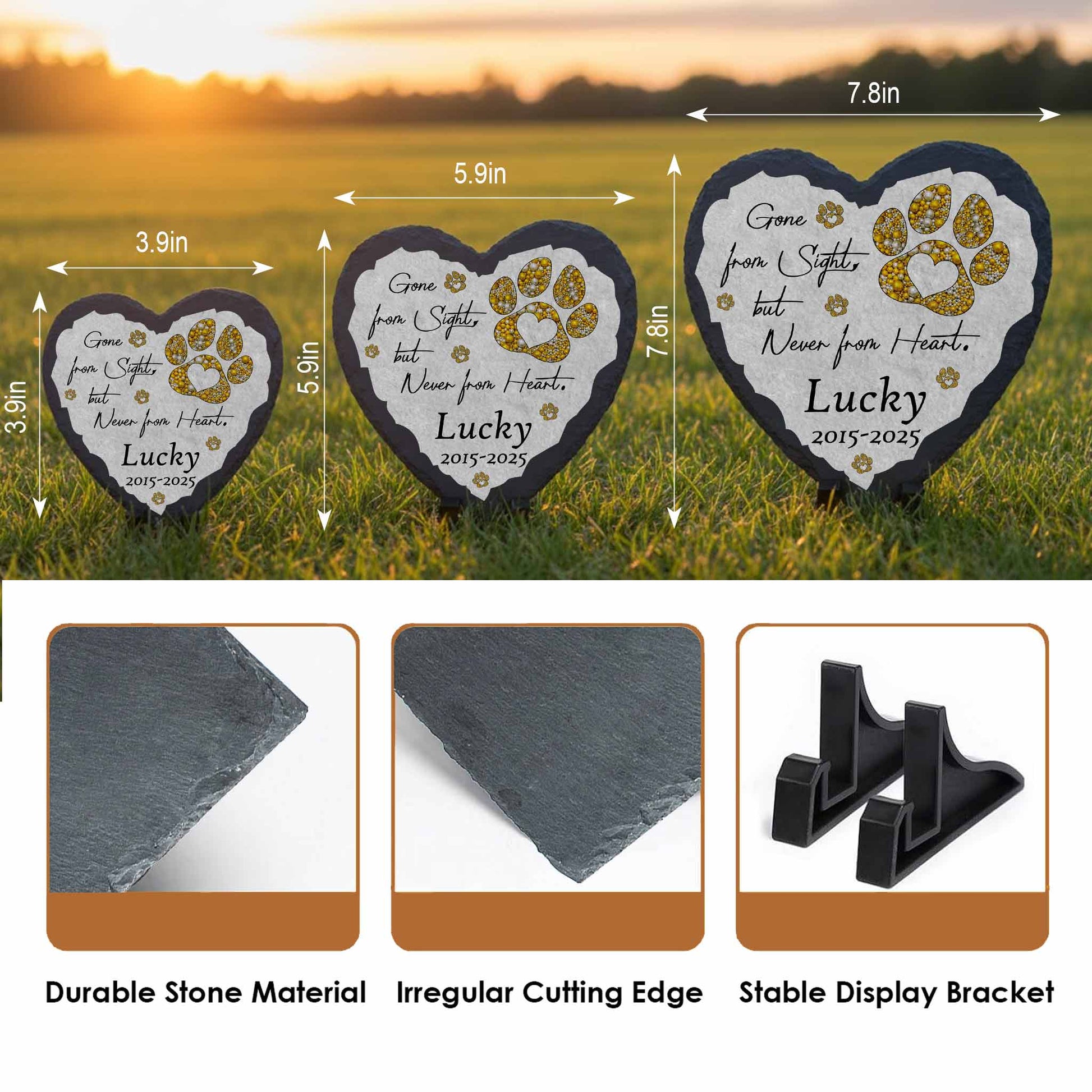 Precision laser etched pet dates and paws on granite marker