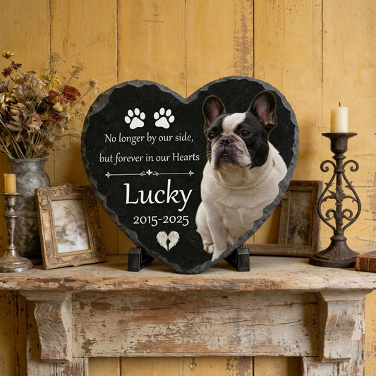 Ornate bordered pet photo etching on black granite stone