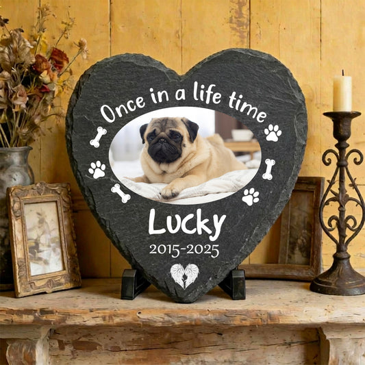 Personalized dog memorial stone slate plaque with custom photo and stand.