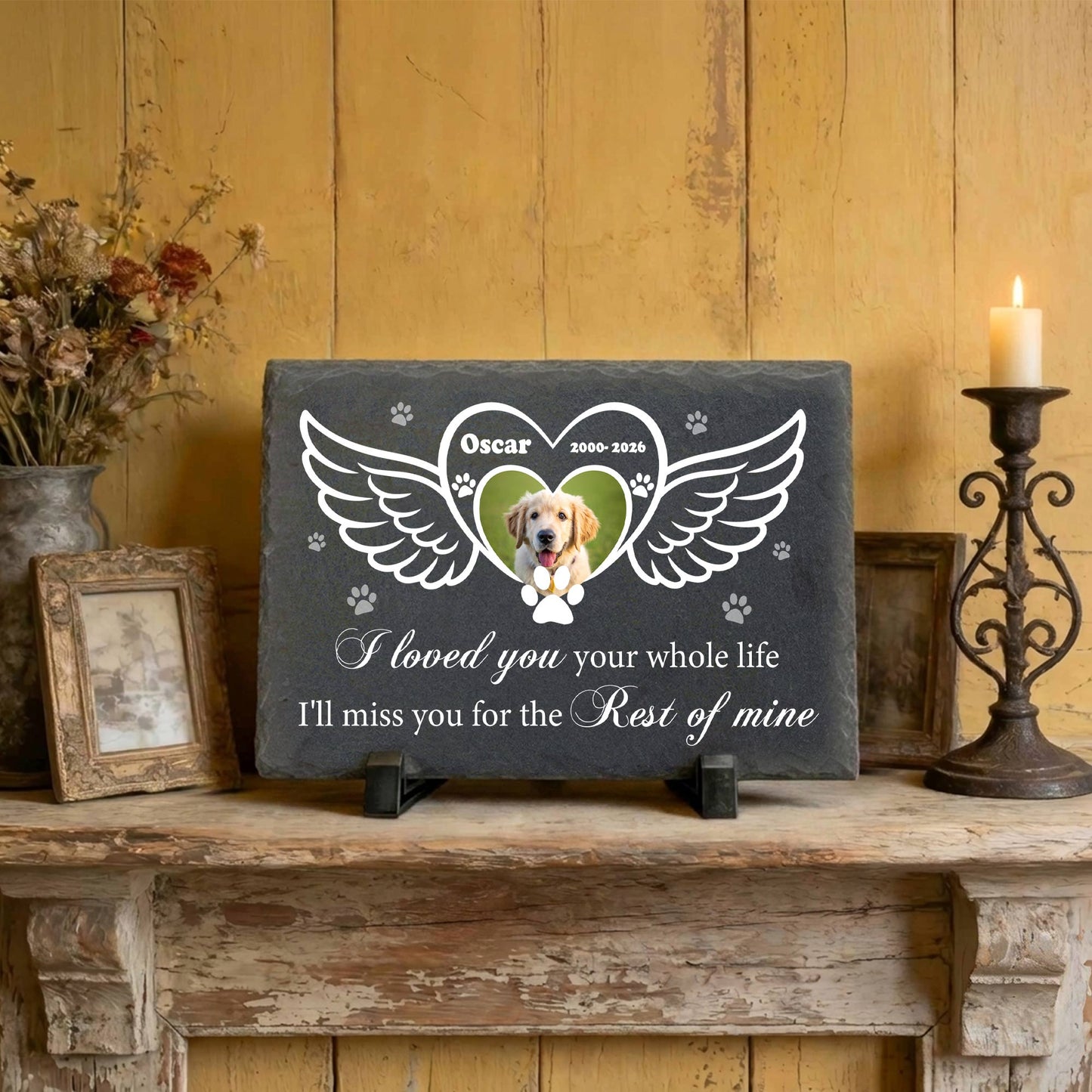 Custom Pet Photo Memorial Slate Stone-Personalized Dog Cat Loss Sympathy Gift-Angel Wings Grave Marker Plaque