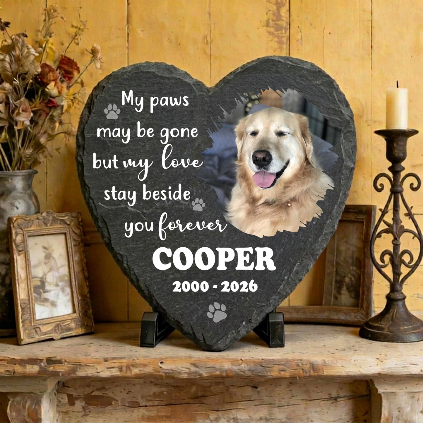 Custom Heart Shaped Pet Memorial Stone-Personalized Photo Slate Dog Cat Loss Gift-Paws Stay Beside You Forever
