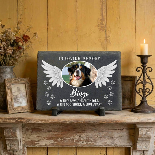 Custom Pet Photo Memorial Slate Stone-Personalized Dog Cat Loss Sympathy Gift-Angel Wings Grave Marker Plaque