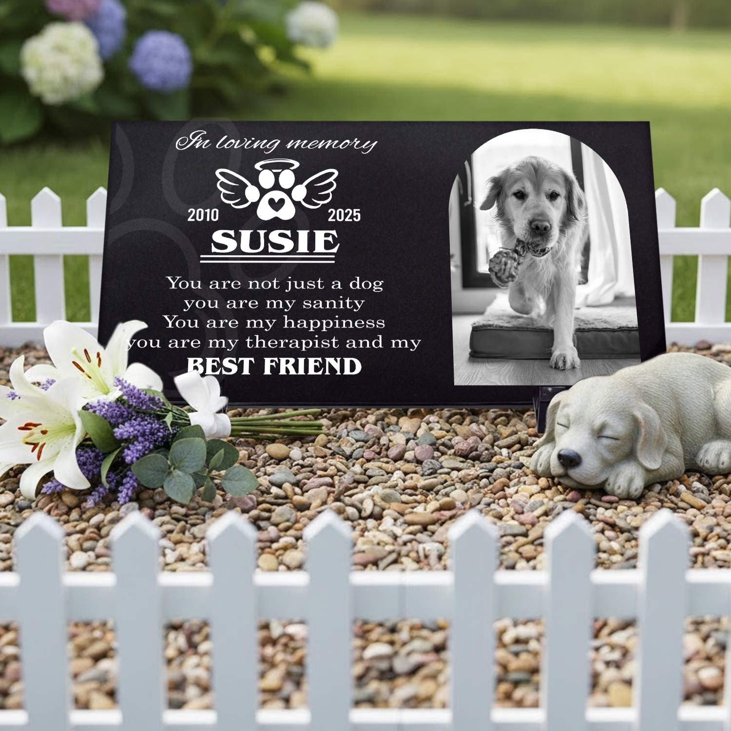Custom personalized text on black granite pet burial stone