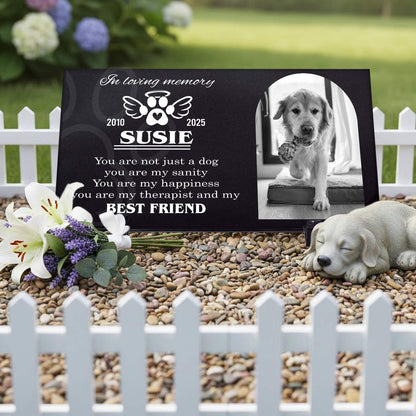 Custom personalized text on black granite pet burial stone