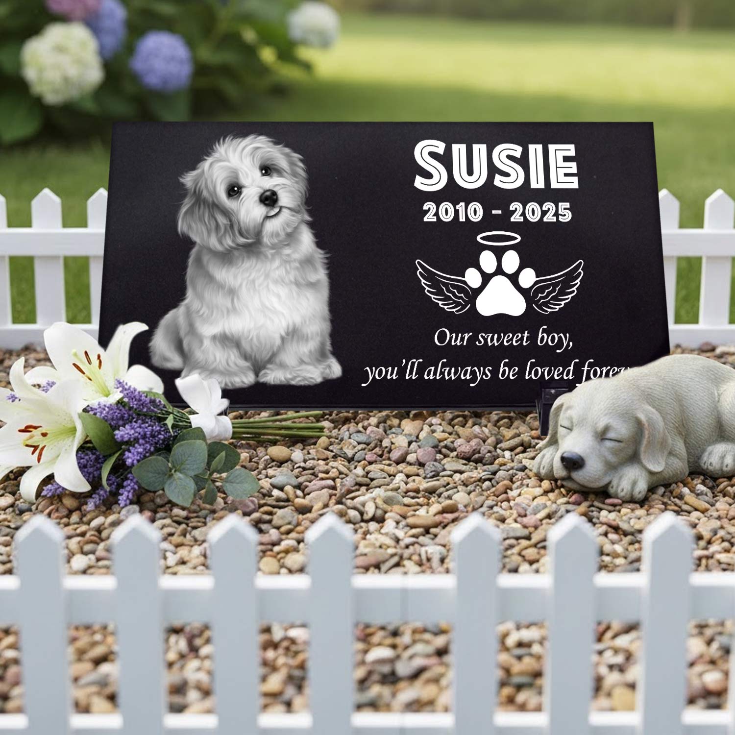 Handcrafted granite dog memorial stone with custom paw prints