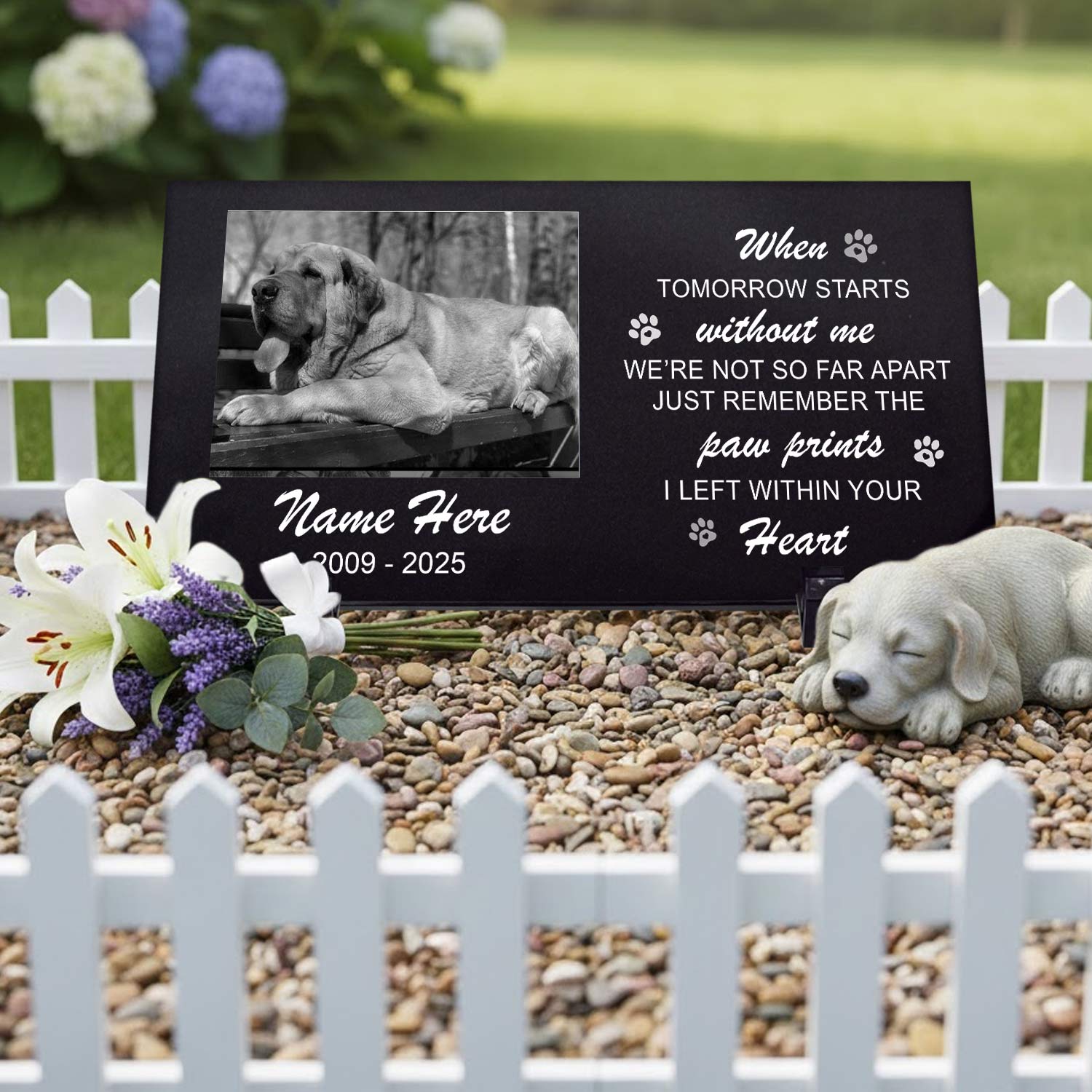 Custom text engraving on durable granite dog grave marker