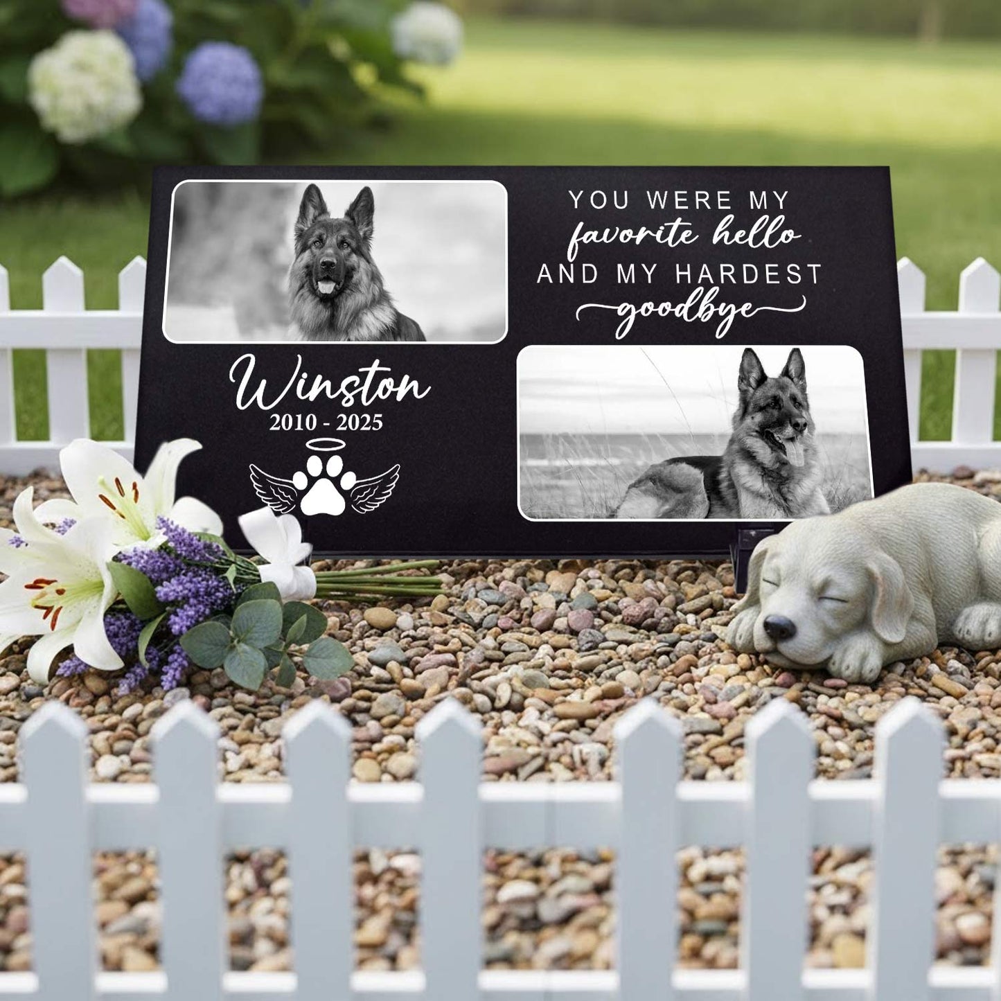 Laser engraved pet photo on granite memorial garden stone