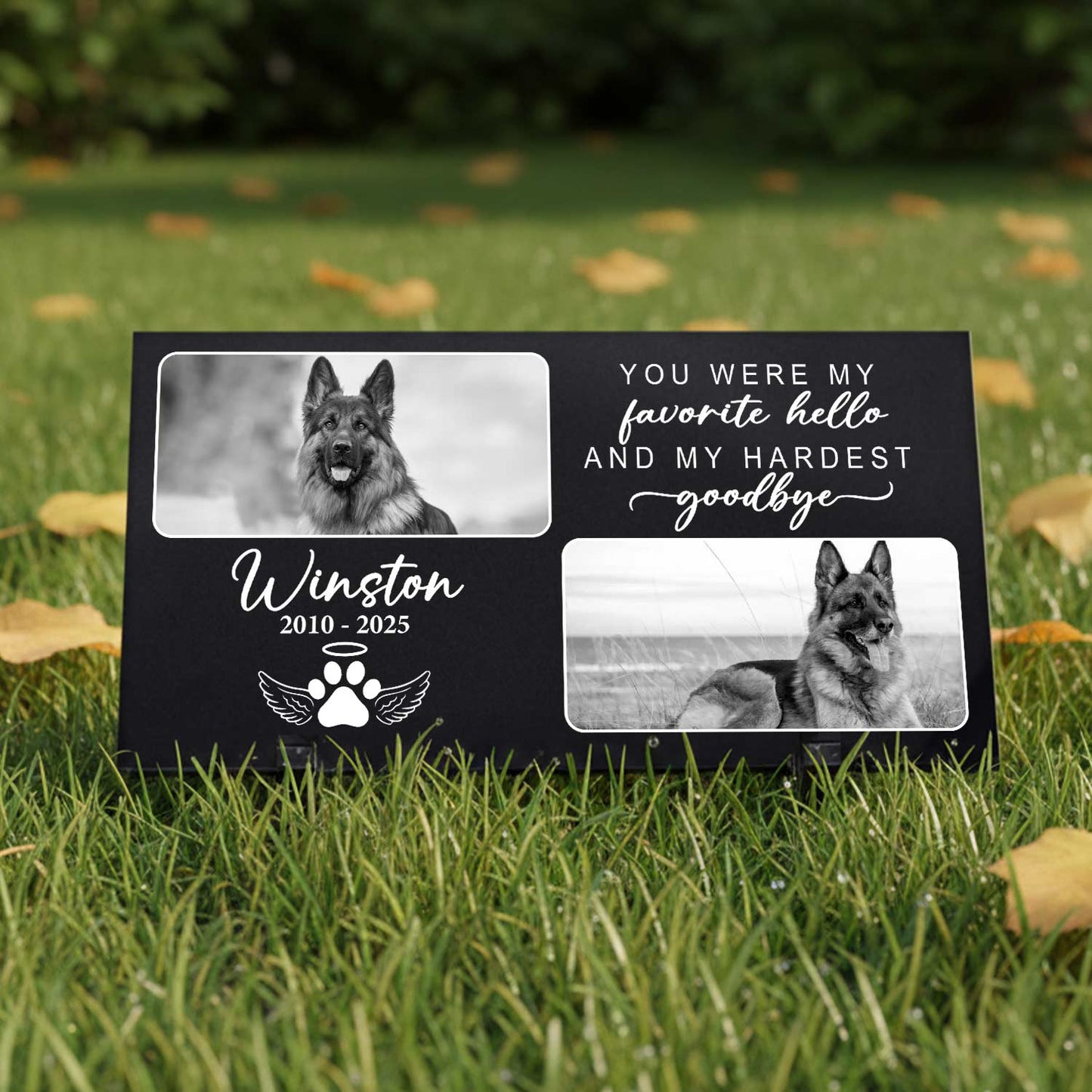 Granite dog grave marker plaque on backyard garden grass