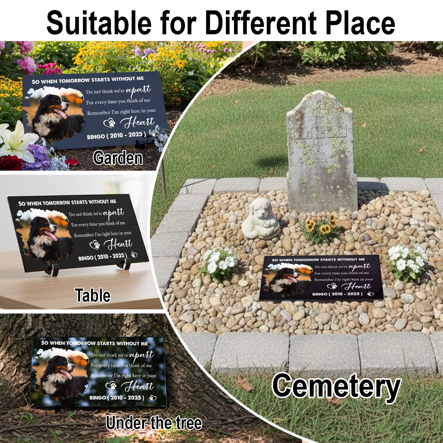 Customized black granite pet headstone with personalized memorial portrait
