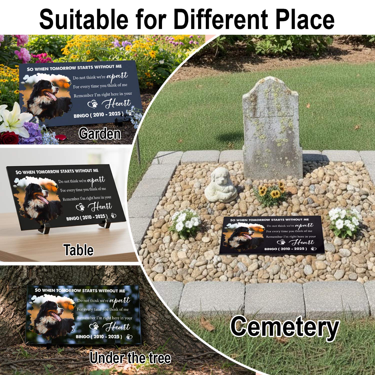 Customized black granite pet headstone with personalized memorial portrait