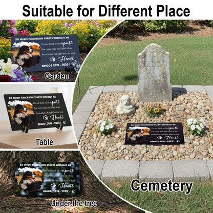 Customized black granite pet headstone with personalized memorial portrait