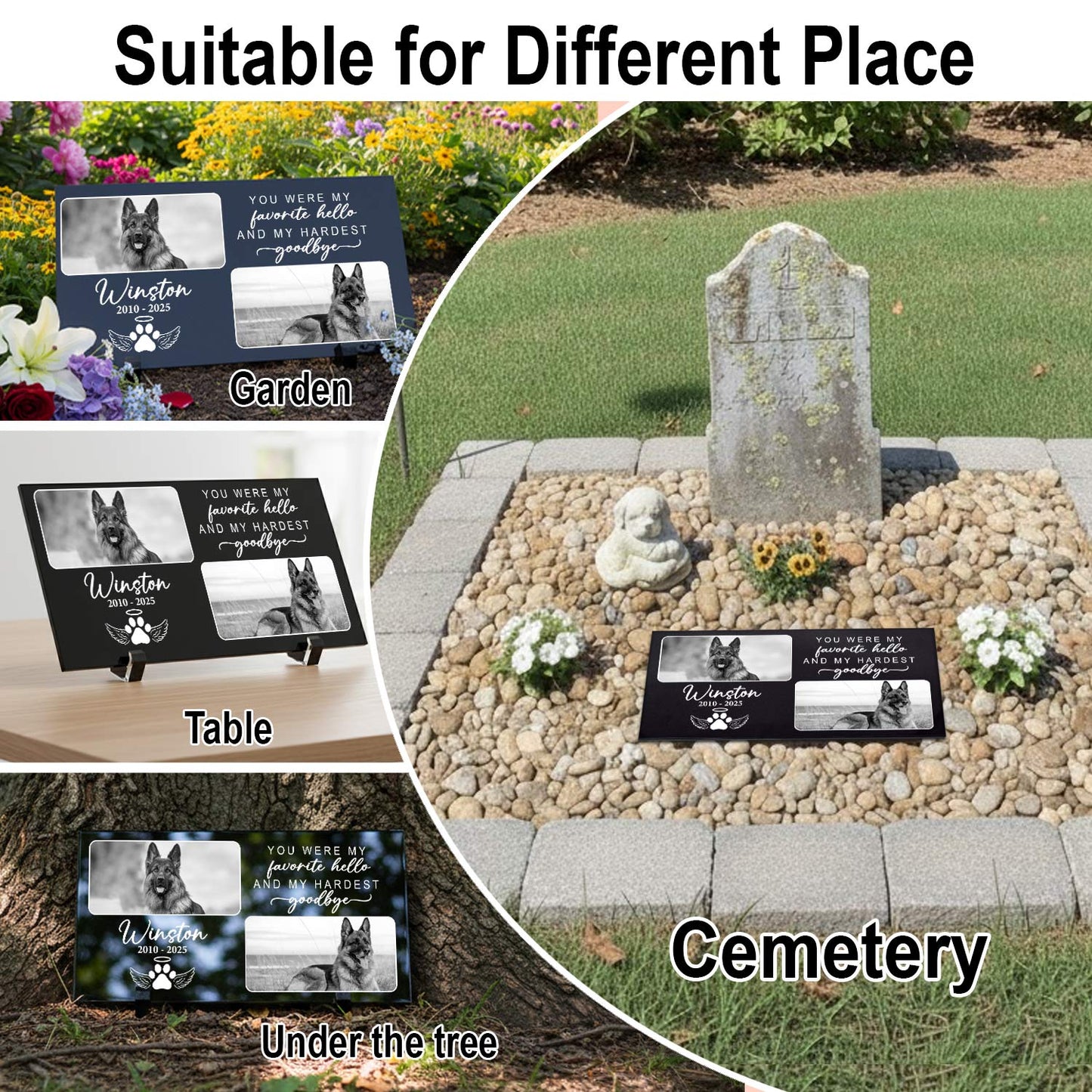 Heart and rectangle granite pet memorial stones side by side