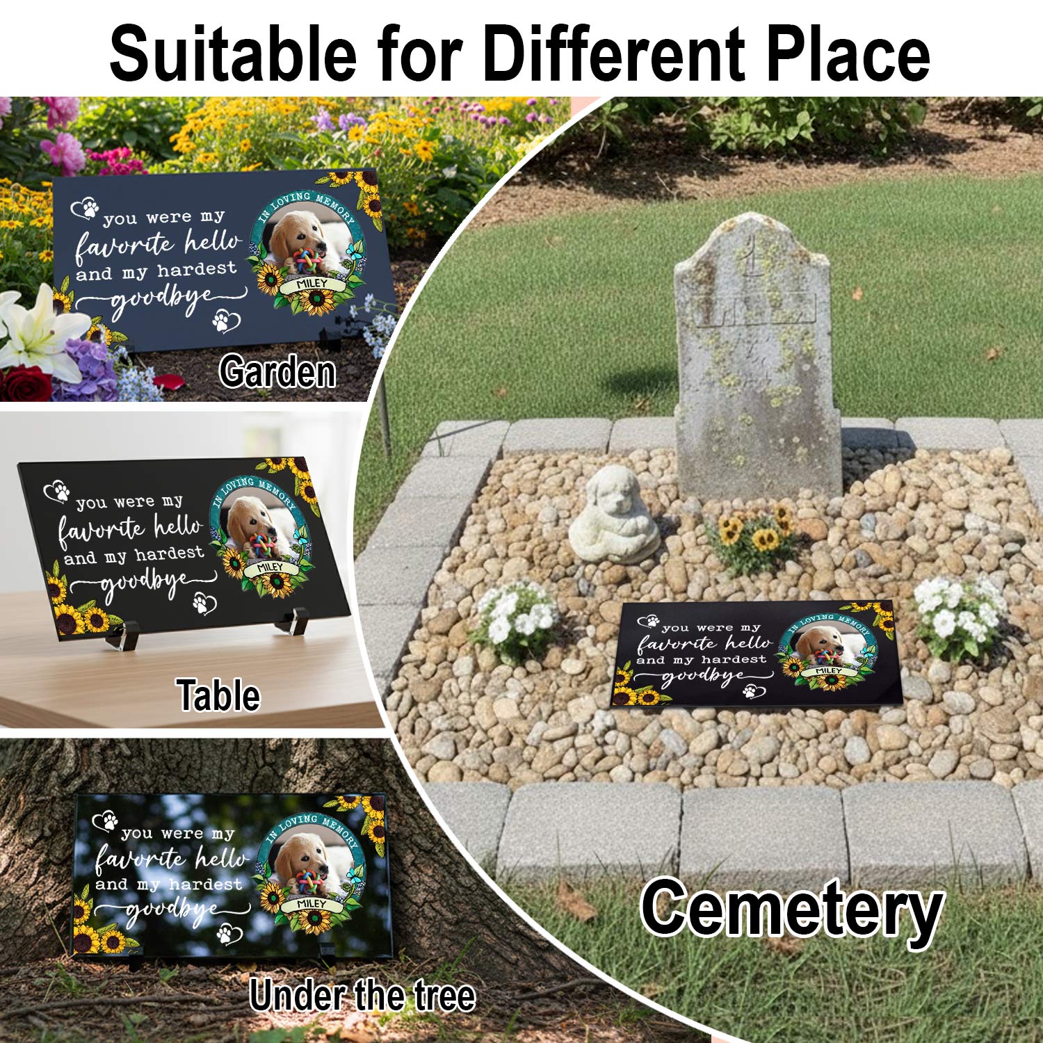Personalized black granite pet headstone with custom photo etching
