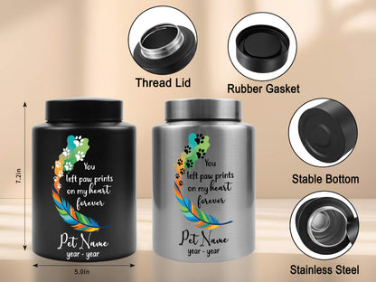 Personalized Pet Urn for Ashes with Rainbow Feather-Custom Dog Cremation Metal Urn,Remembrance Gift, Large 7.2"