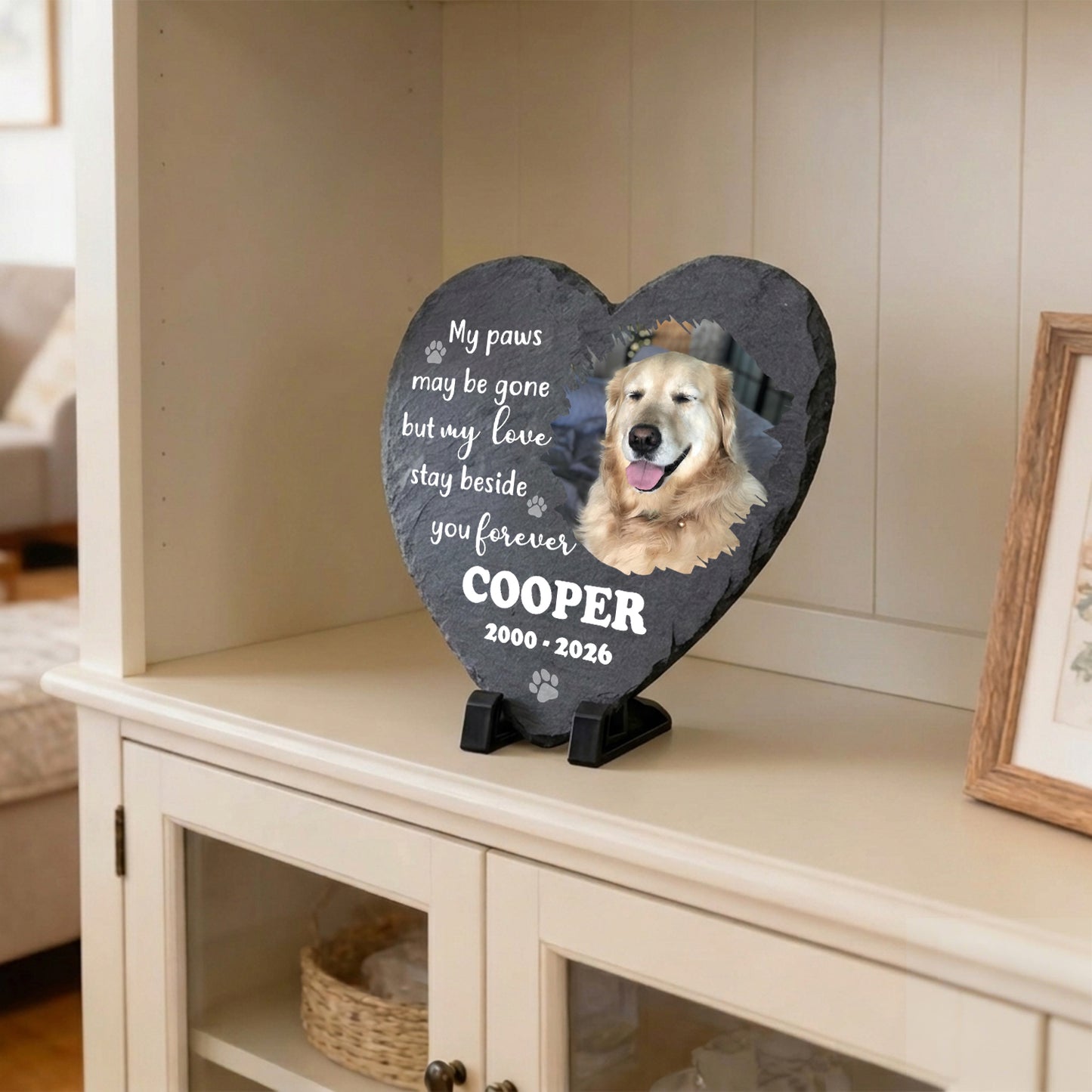 Custom Heart Shaped Pet Memorial Stone-Personalized Photo Slate Dog Cat Loss Gift-Paws Stay Beside You Forever