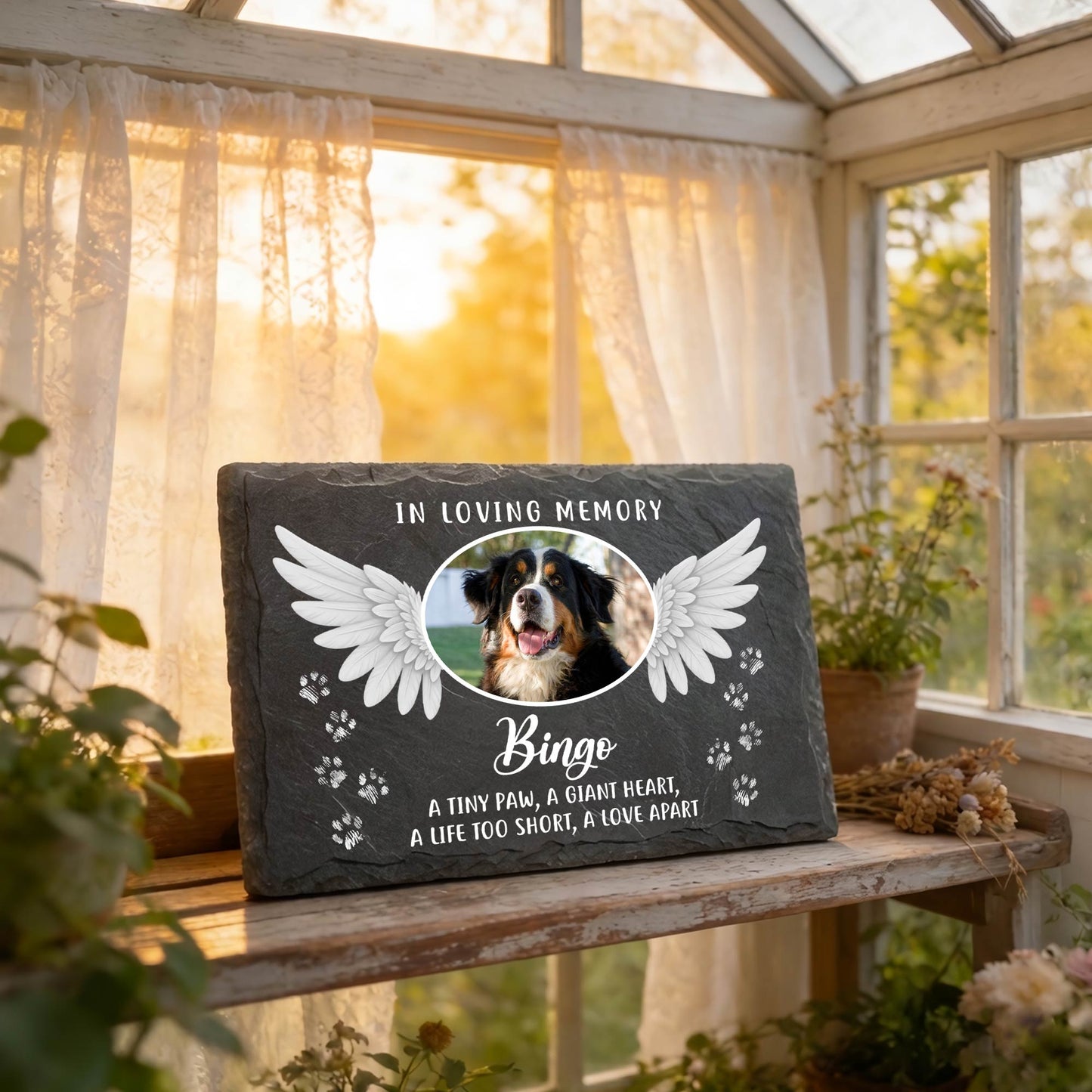 Custom Pet Photo Memorial Slate Stone-Personalized Dog Cat Loss Sympathy Gift-Angel Wings Grave Marker Plaque