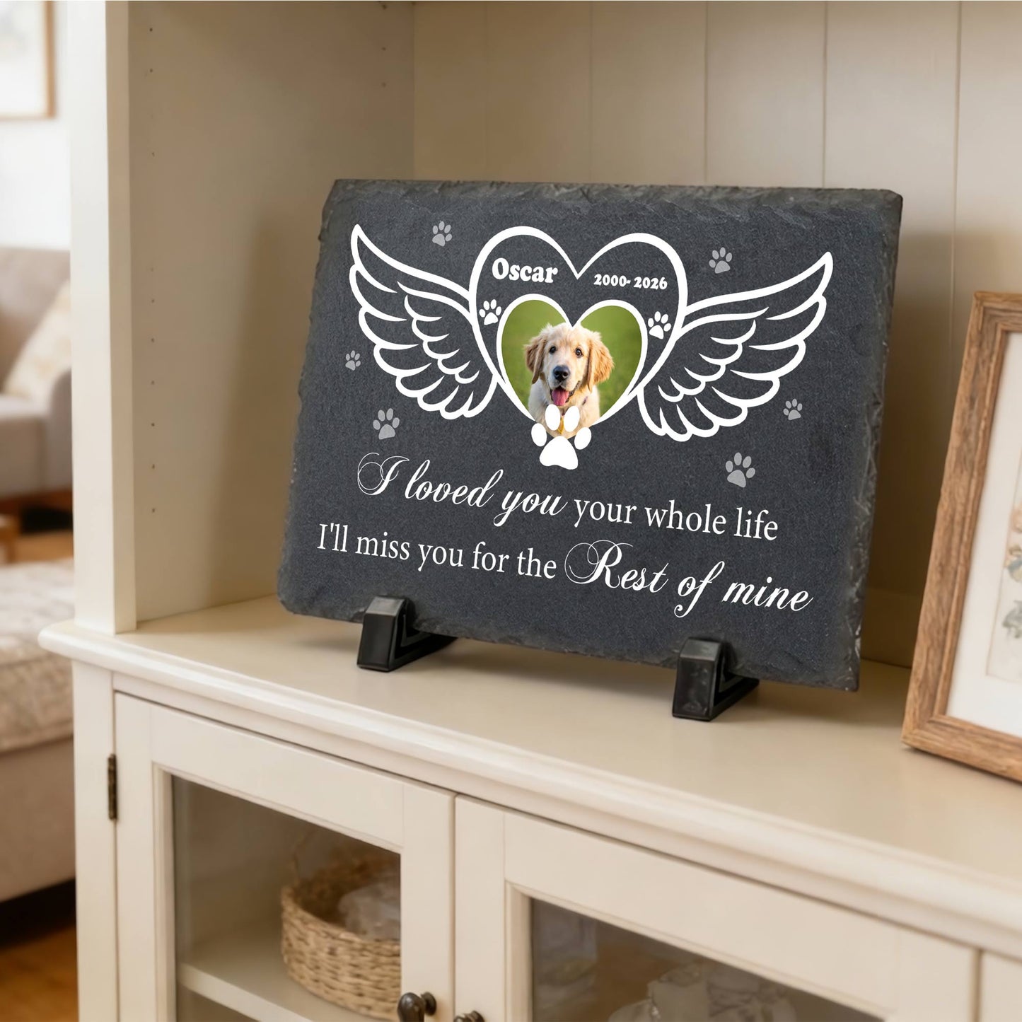 Custom Pet Photo Memorial Slate Stone-Personalized Dog Cat Loss Sympathy Gift-Angel Wings Grave Marker Plaque