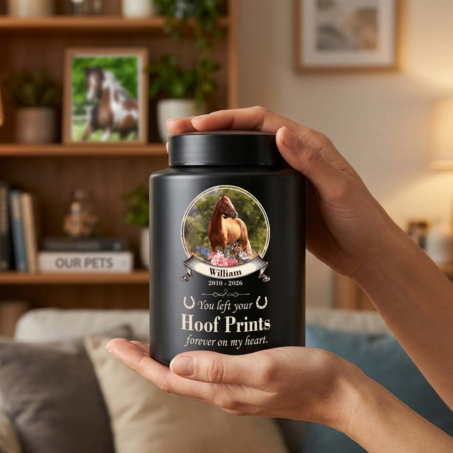 Custom Horse Memorial Urn with Photo-Personalized Equine Pet Loss Ashes Keepsake Jar-Stainless Steel Box