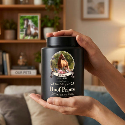 Custom Horse Memorial Urn with Photo-Personalized Equine Pet Loss Ashes Keepsake Jar-Stainless Steel Box