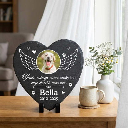 Custom Heart Slate Photo Stone-Your Wings Were Ready Pet Memorial Plaque-Personalized Dog Remembrance Gift