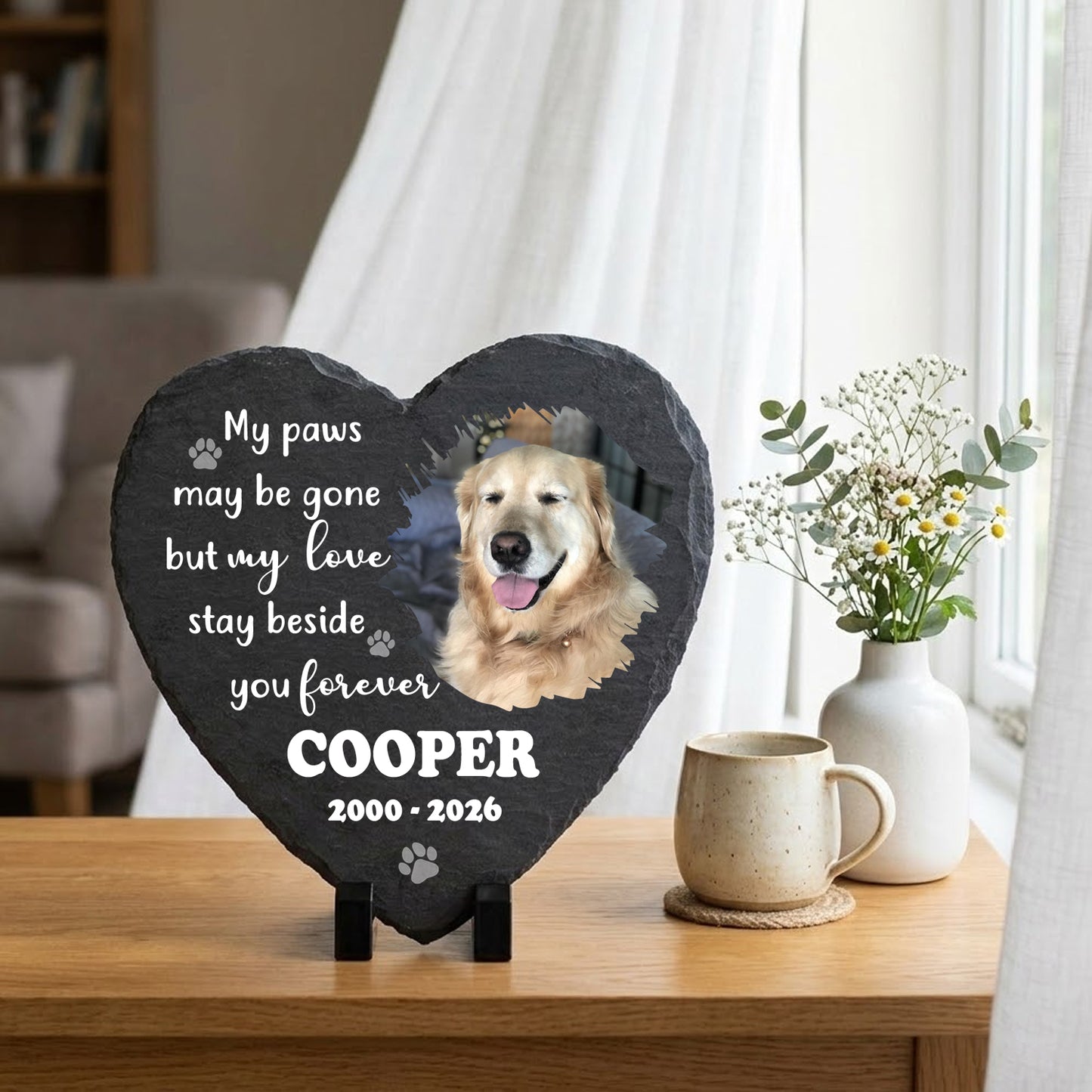 Custom Heart Shaped Pet Memorial Stone-Personalized Photo Slate Dog Cat Loss Gift-Paws Stay Beside You Forever
