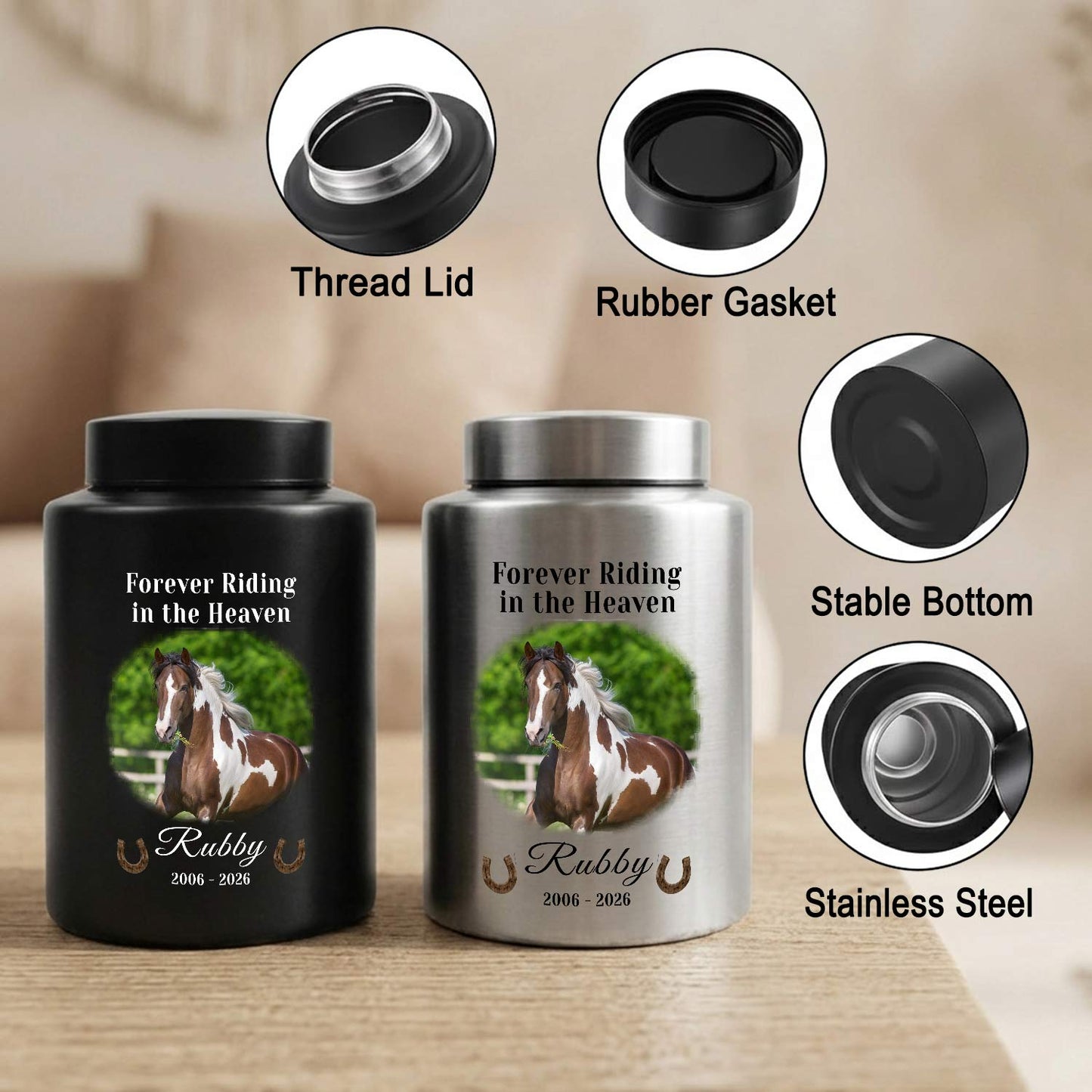 Custom Horse Urn for Ashes-Personalized Horse Cremation Memorial Urn with Photo, "Forever Riding in Heaven" Large Metal Jar