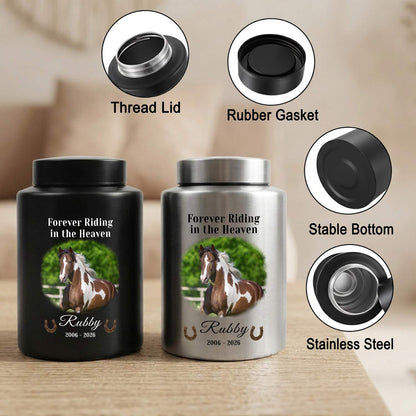 Custom Horse Urn for Ashes-Personalized Horse Cremation Memorial Urn with Photo, "Forever Riding in Heaven" Large Metal Jar
