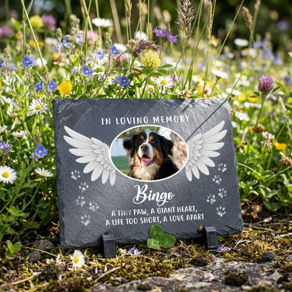 Custom Pet Photo Memorial Slate Stone-Personalized Dog Cat Loss Sympathy Gift-Angel Wings Grave Marker Plaque