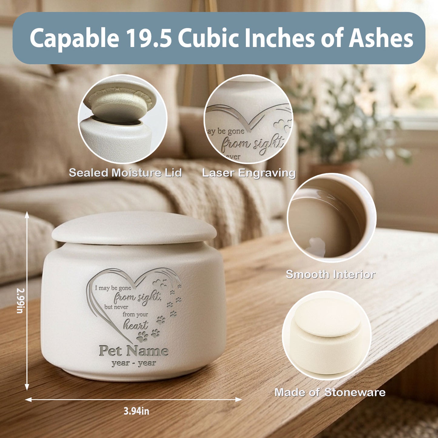 Personalized Ceramic Pet Urn for Ashes—Custom Laser Engraved Dog & Cat Memorial Gift, Rainbow Bridge Keepsake Cremation Urn